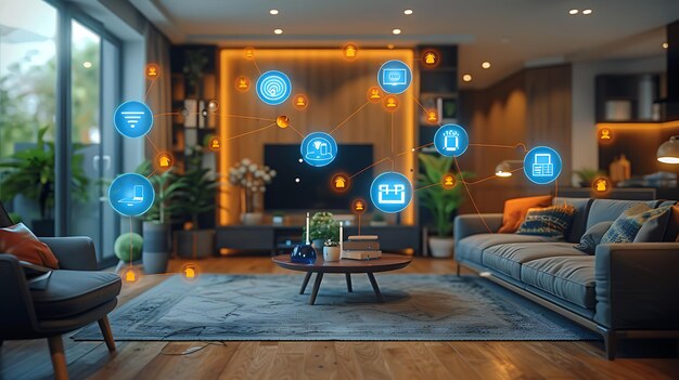 Technology Smart home with connected devices and digital icons Glowing house with symbolism