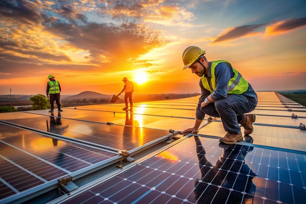 Technology solar cell Engineer service check installation solar cell on the roof of factory on the morning