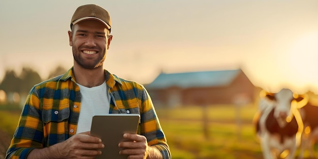 Photo techsavvy farmer on cow farm uses tablet for research and data entry concept agricultural technology farming innovation digital farming tools livestock management tablet technology