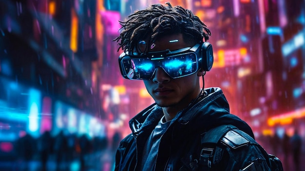 TechSavvy Man Experiencing Advanced Cyberpunk Reality