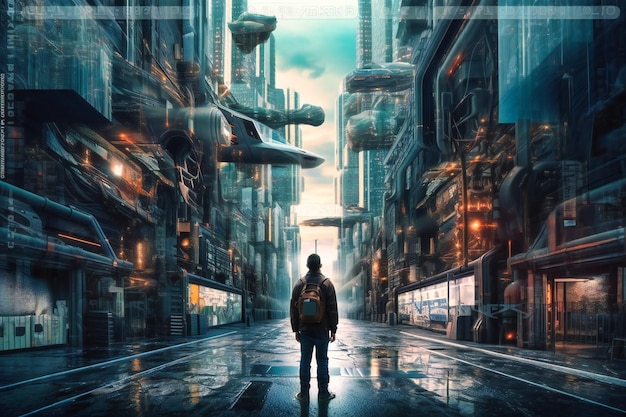 Techsavvy professional walks amongst a futuristic urban landscape