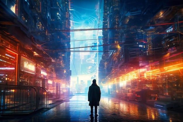 Techsavvy professional walks amongst a futuristic urban landscape