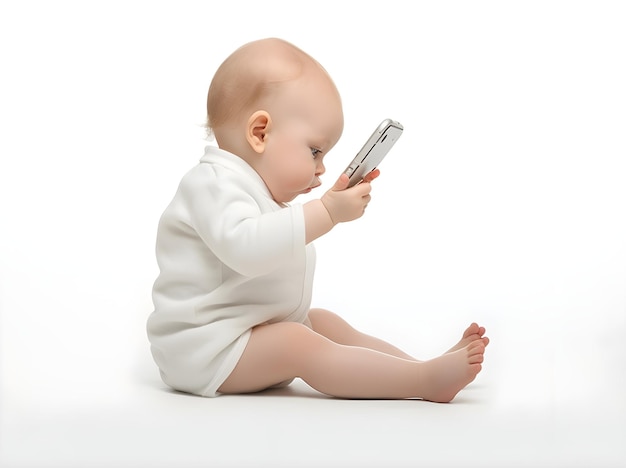 TechSavvy Tot Curious Baby Exploring a Smartphone on White Background