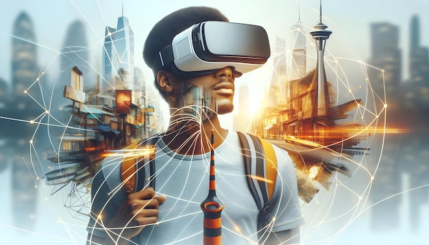 Techsavvy traveler in VR headset on urban street with travel router overlay symbolizing VR travel p