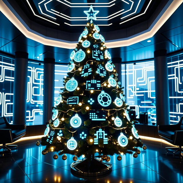 Photo techthemed christmas tree in futuristic office lobby