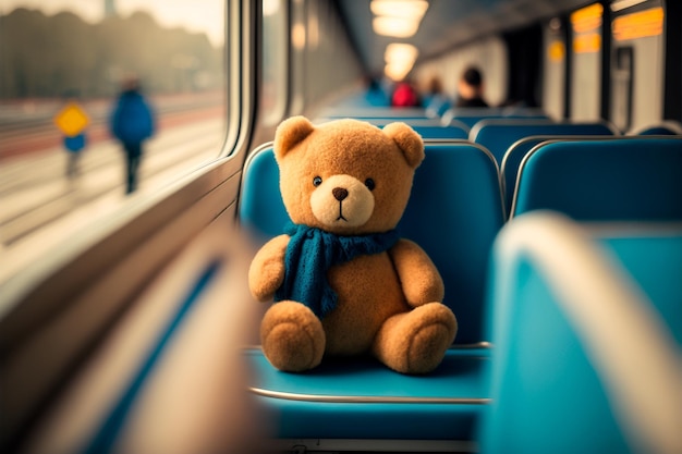 Teddy bear alone sits in public transport Loneliness concept Generative AI