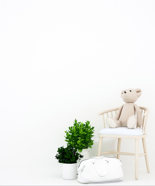 Teddy bear on armchair and bag  white background for artwork ,