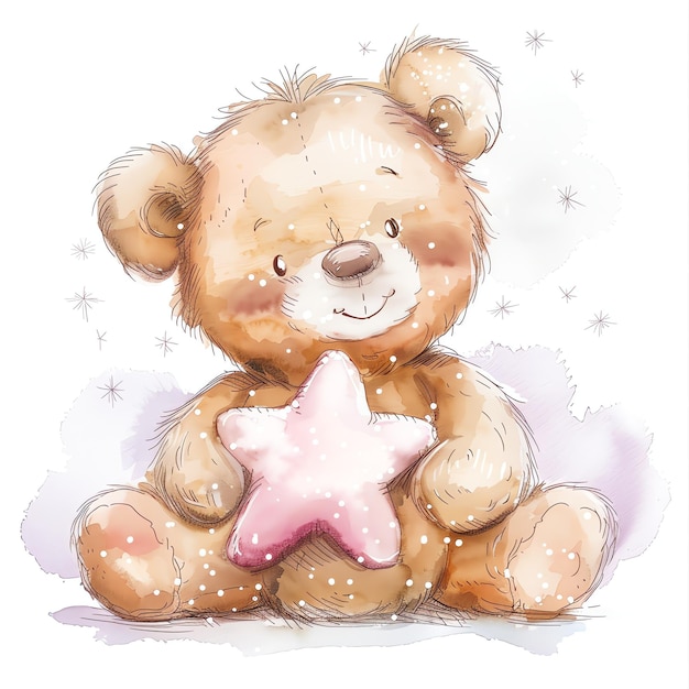 teddy bear baby pink happy star white sparkles illustrataion cute nuresery watercolor