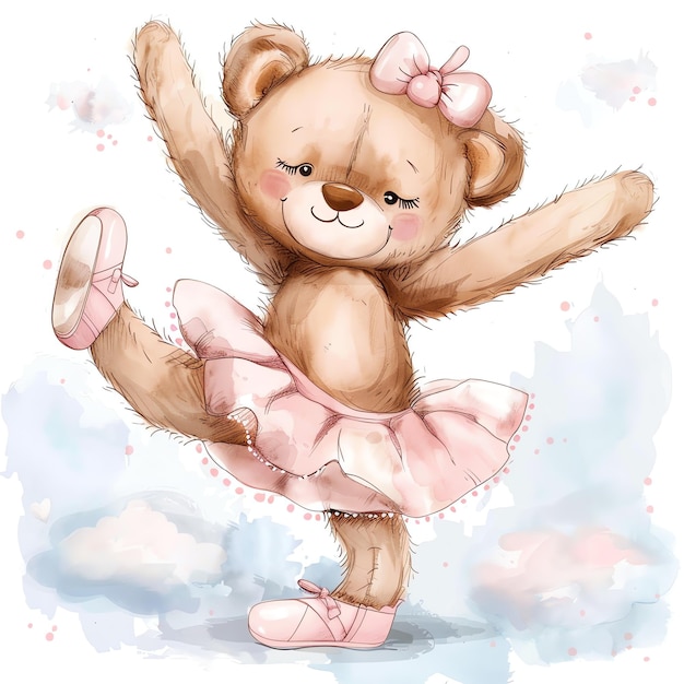 teddy bear ballerina wearing ballet shoes illustrataion cute nuresery watercolor