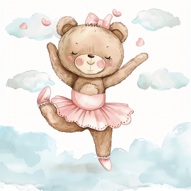 teddy bear ballerina wearing ballet shoes illustrataion cute nuresery watercolor