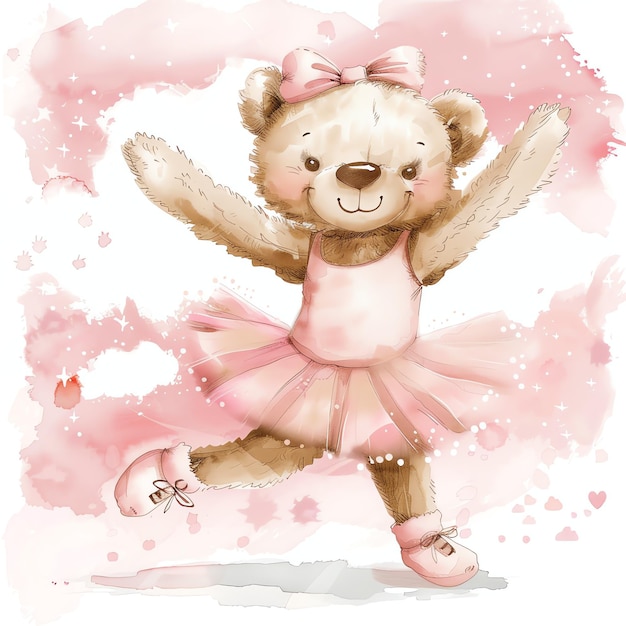 teddy bear ballerina wearing ballet shoes illustrataion cute nuresery watercolor