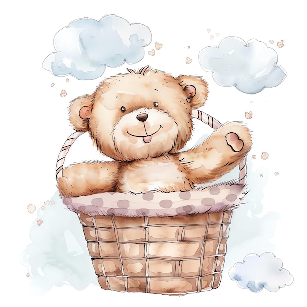 teddy bear in basket illustrataion cute nuresery watercolor