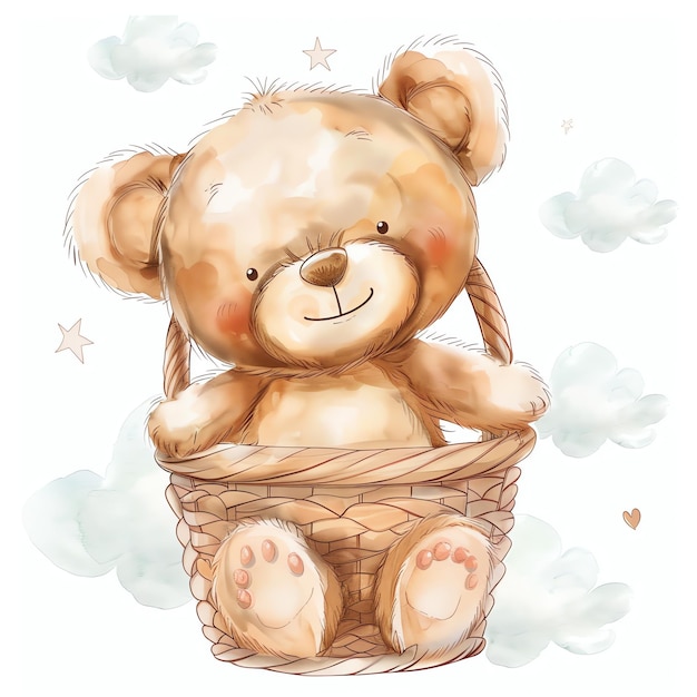 teddy bear in basket illustrataion cute nuresery watercolor