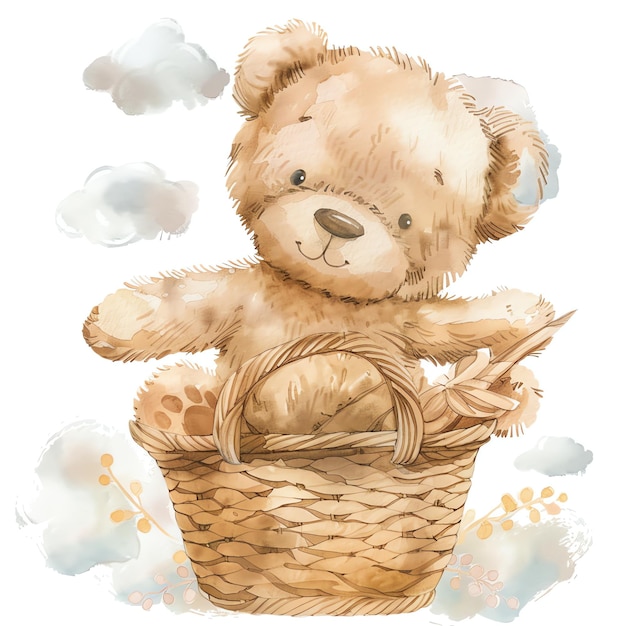 teddy bear in basket illustrataion cute nuresery watercolor