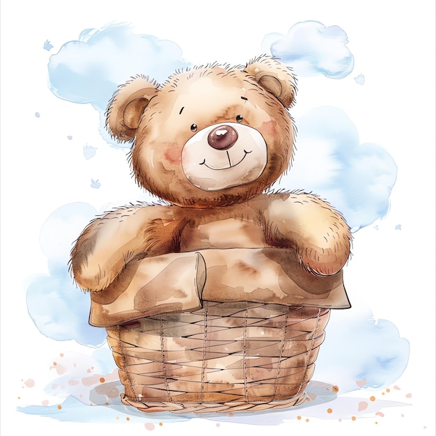 teddy bear in basket illustrataion cute nuresery watercolor