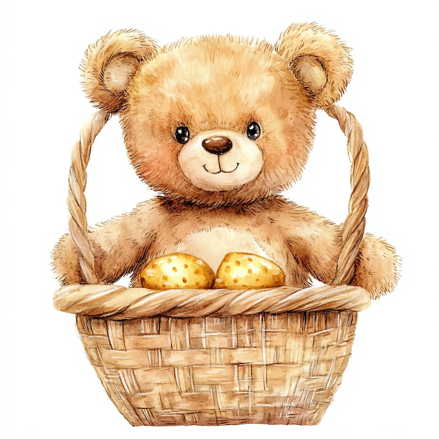 teddy bear in basket isolated on a white background