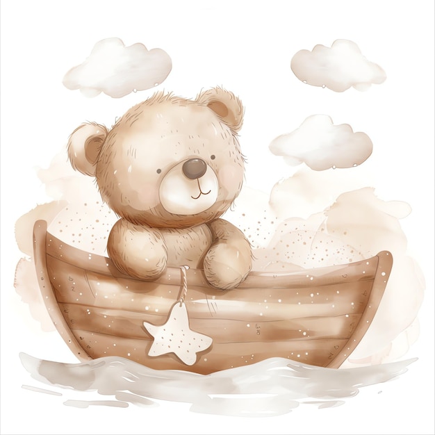 teddy bear in a boat illustrataion cute nuresery watercolor