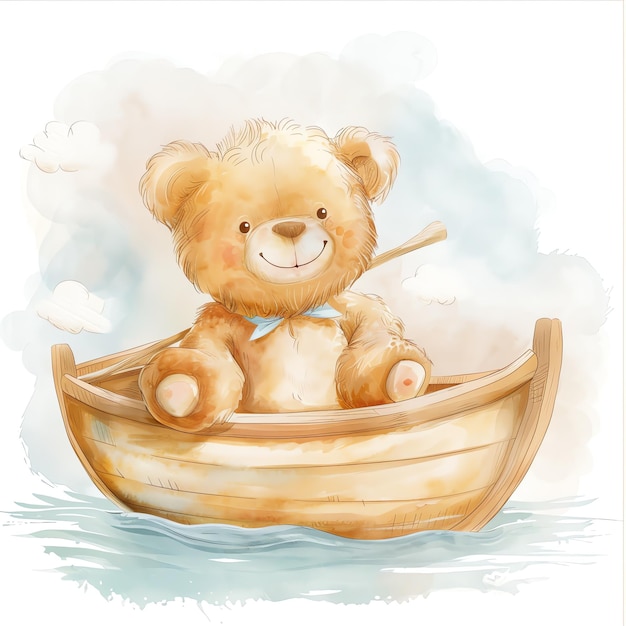 teddy bear in a boat illustrataion cute nuresery watercolor