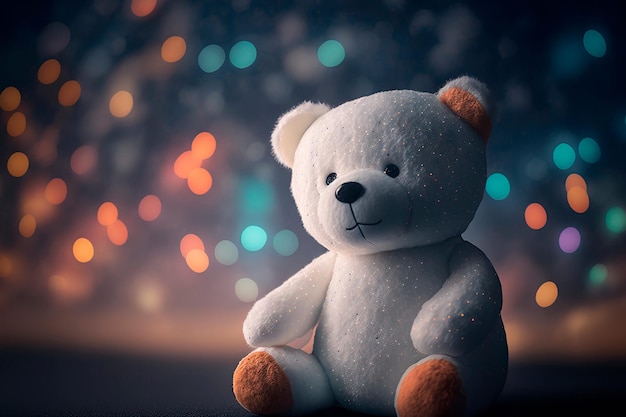 Teddy bear boy is sitting night stars background Generative AI