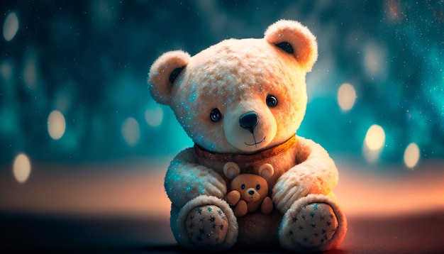 Teddy bear boy is sitting night stars background Generative AI