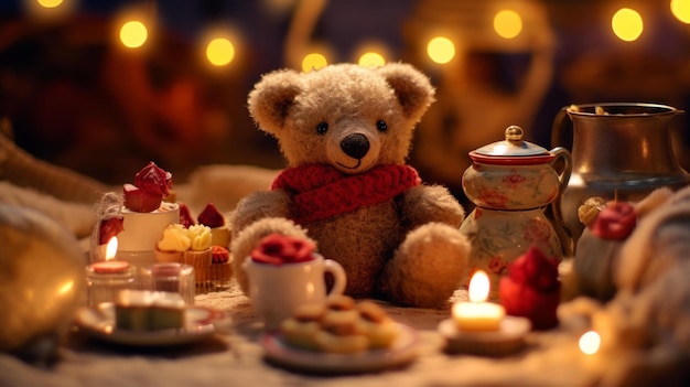 Teddy bear and candle enjoying a picnic tea party with miniature teacups and pastries AIGenerated