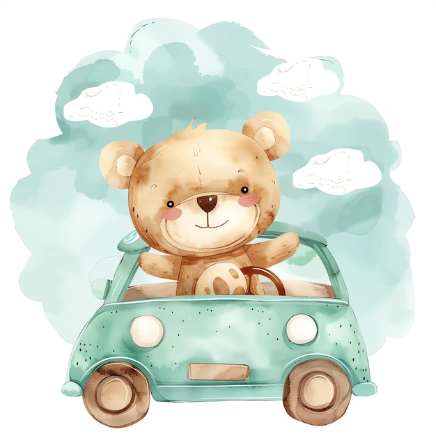 teddy bear in a car illustrataion cute nuresery watercolor