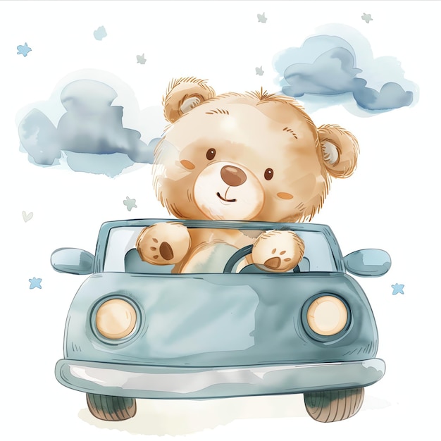 teddy bear in a car illustrataion cute nuresery watercolor