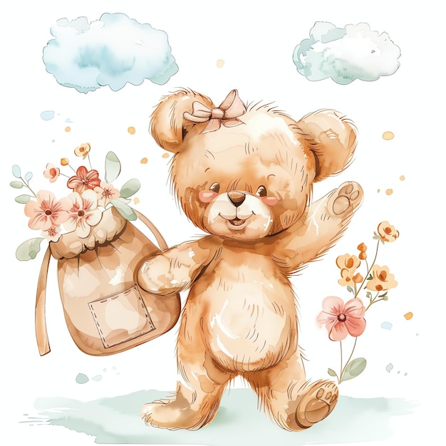 teddy bear carries a handbag with flowers illustrataion cute nuresery watercolor