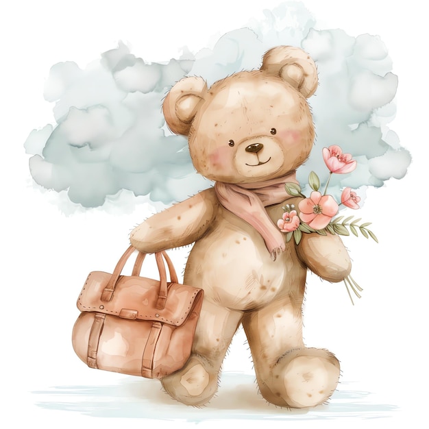 teddy bear carries a handbag with flowers illustrataion cute nuresery watercolor