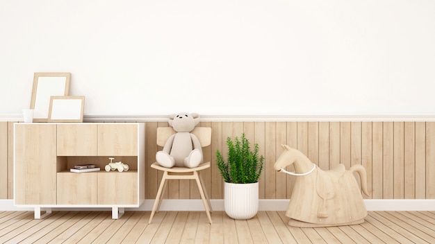 Teddy bear on chair in kid room or coffee shop - 3D Rendering