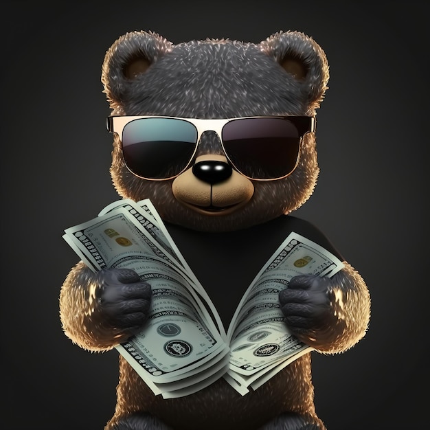 Teddy bear in a dark Tshirt and sunglasses holds cash in its paws 3d rendering. raster illustration