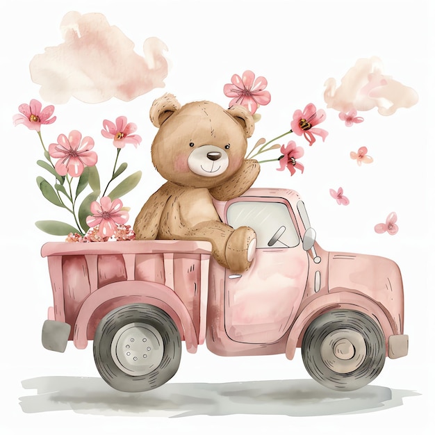 teddy bear driving a pink flower truck illustrataion cute nuresery watercolor