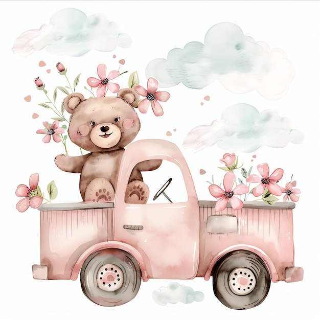 teddy bear driving a pink flower truck illustrataion cute nuresery watercolor