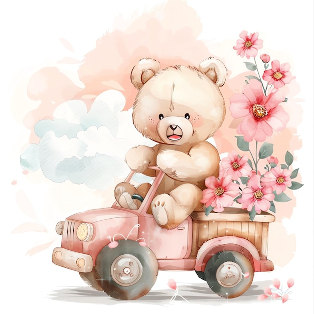 teddy bear driving a pink flower truck illustrataion cute nuresery watercolor