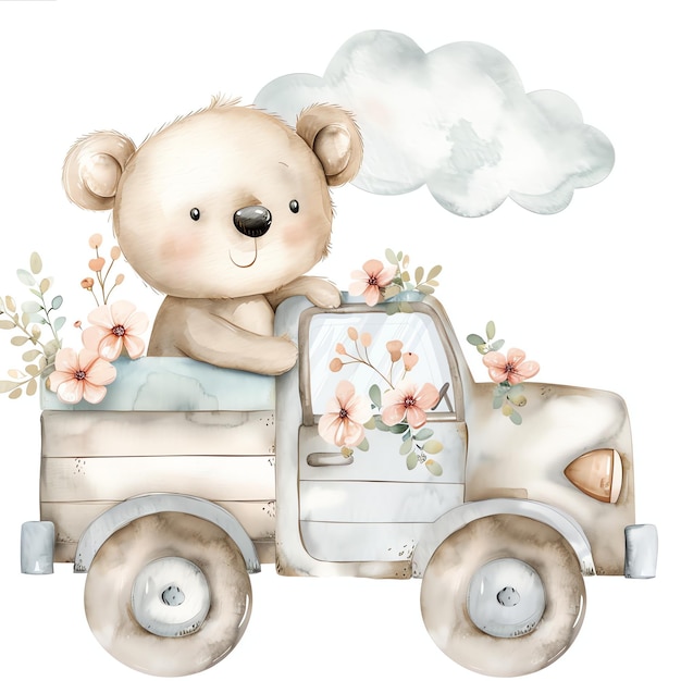 teddy bear driving a truck with flowers illustrataion cute nuresery watercolor