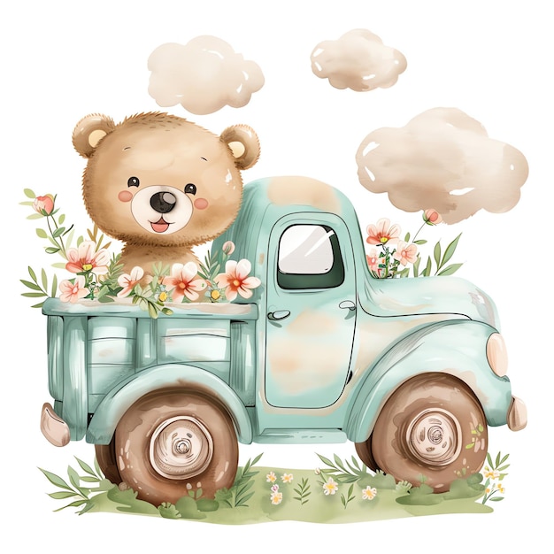 teddy bear driving a truck with flowers illustrataion cute nuresery watercolor