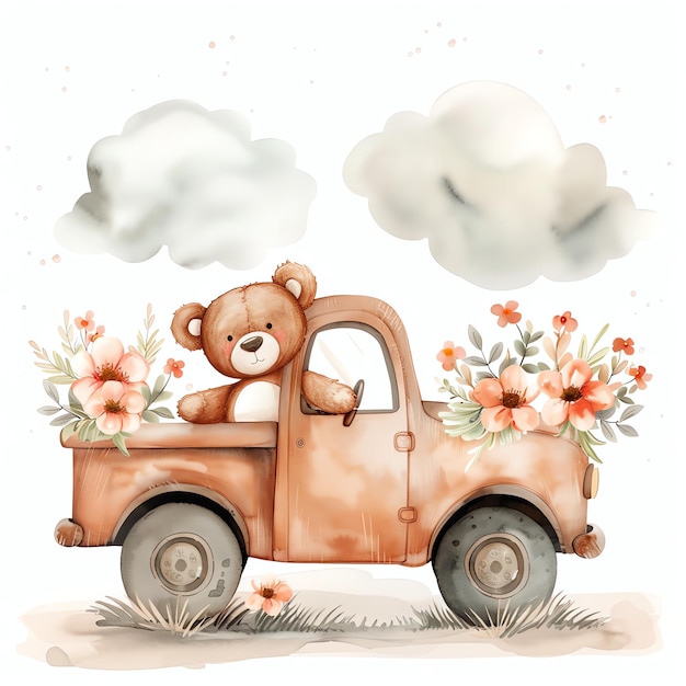 teddy bear driving a truck with flowers illustrataion cute nuresery watercolor