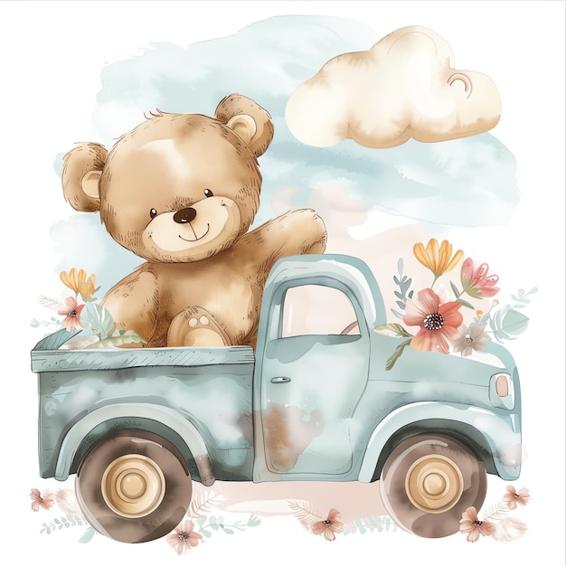 teddy bear driving a truck with flowers illustrataion cute nuresery watercolor