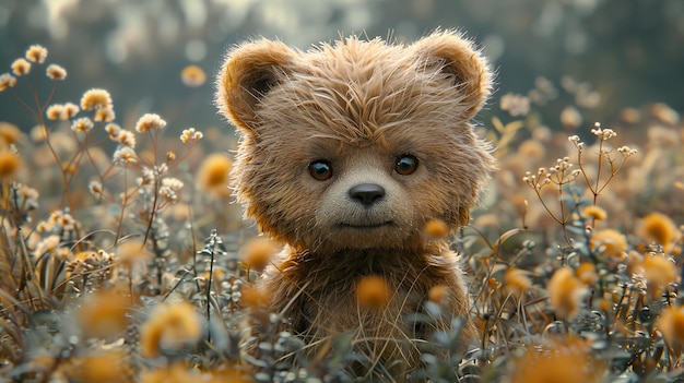 a teddy bear in a field of flowers with a bear on the front