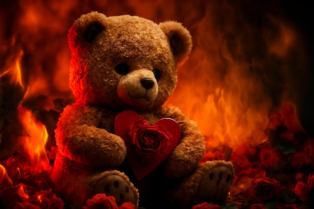 A teddy bear on fire holds a red heart Gift for a girl woman Valentine's day Birthday Women's day Generative AI