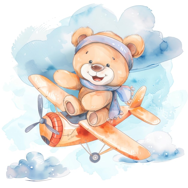 teddy bear flying on airplane illustrataion cute nuresery watercolor