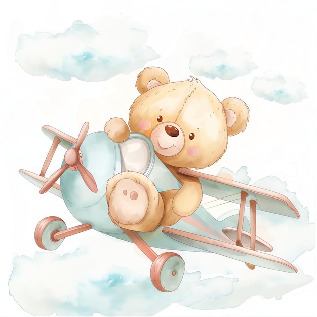 teddy bear flying on airplane illustrataion cute nuresery watercolor