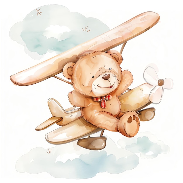 teddy bear flying on airplane illustrataion cute nuresery watercolor