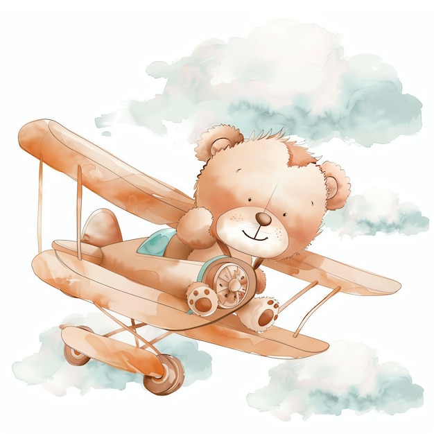 teddy bear flying on airplane illustrataion cute nuresery watercolor