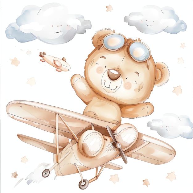 teddy bear flying on airplane illustrataion cute nuresery watercolor