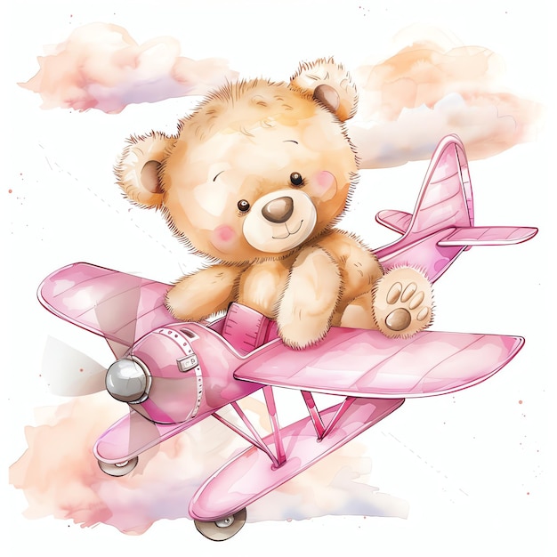 teddy bear flying pink airplane illustrataion cute nuresery watercolor