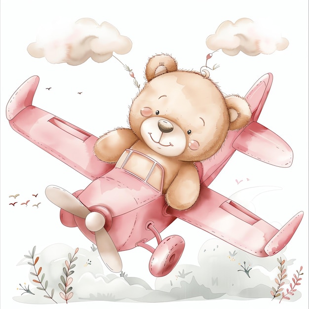 teddy bear flying pink airplane illustrataion cute nuresery watercolor