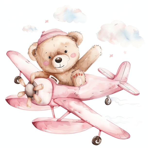 teddy bear flying pink airplane illustrataion cute nuresery watercolor