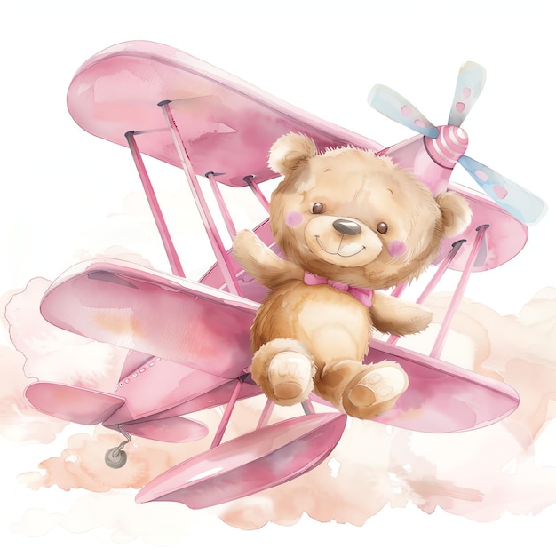 teddy bear flying pink airplane illustrataion cute nuresery watercolor