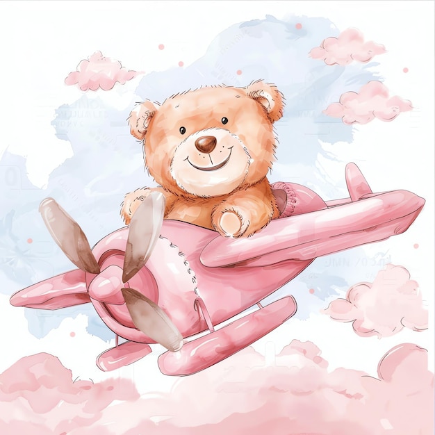 teddy bear flying pink airplane illustrataion cute nuresery watercolor